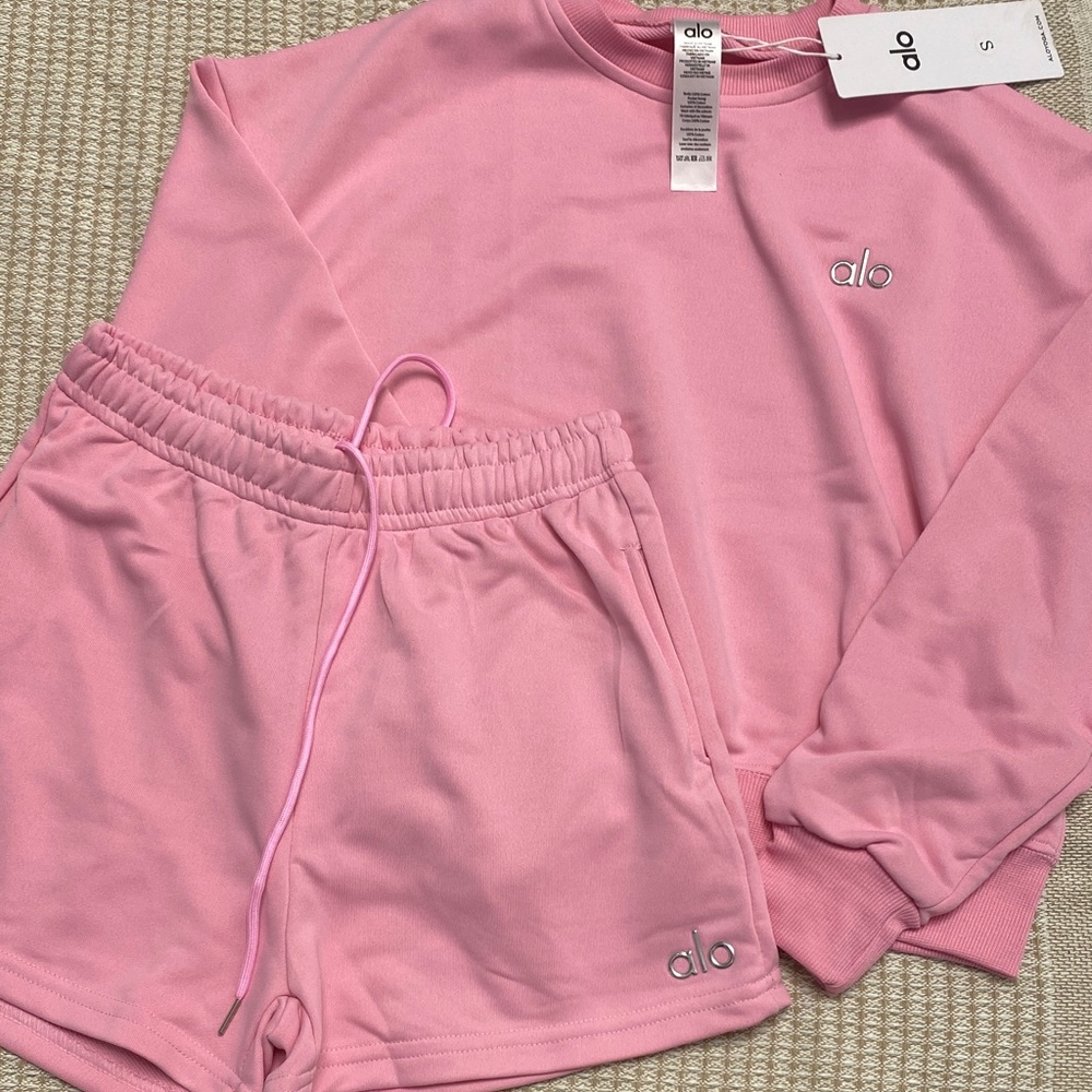 ALO Yoga Pink Crewneck Sweatshirt and Shorts Set